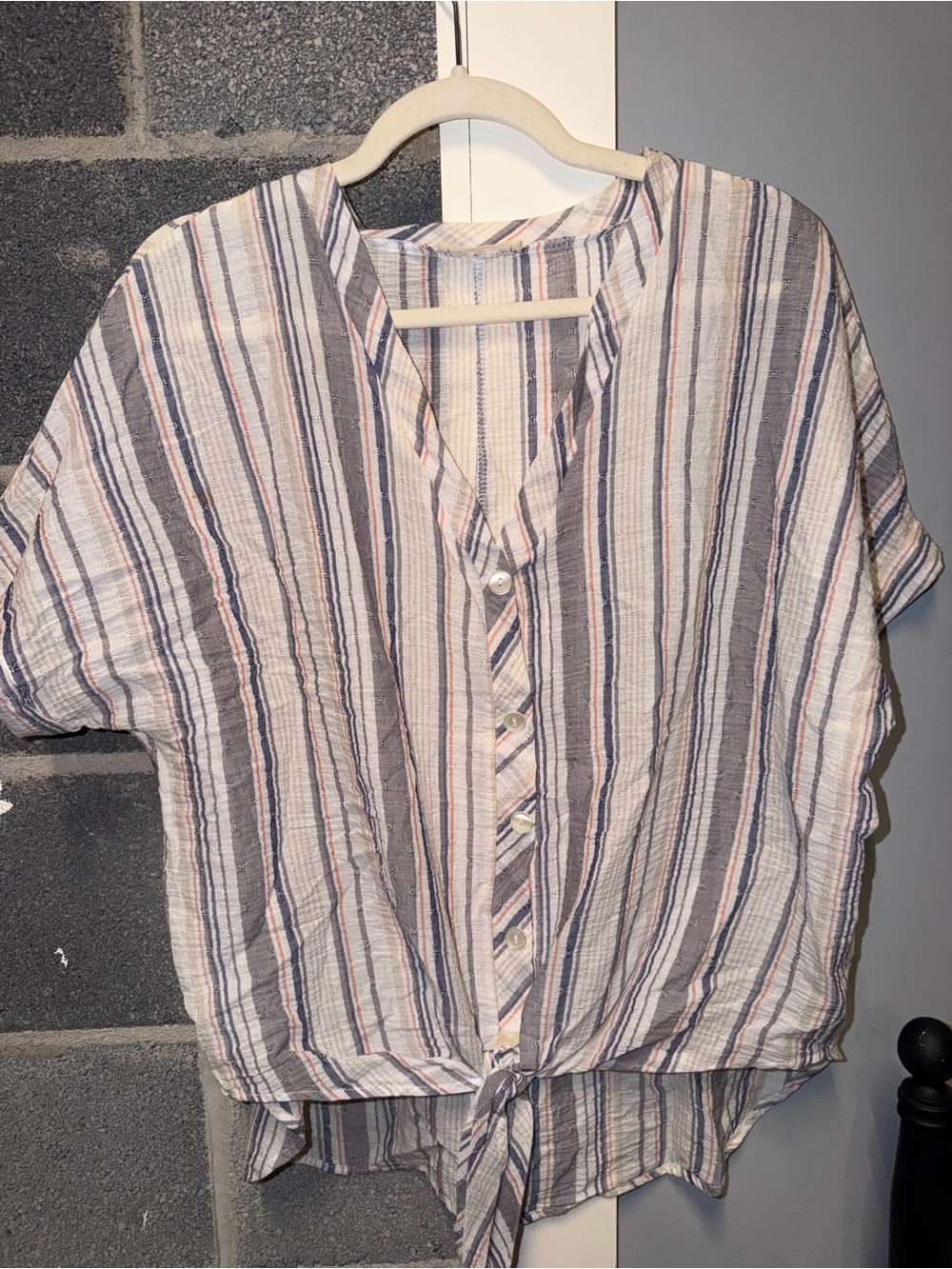 Hummingbird Striped Button-Front Tie Hem Top - White, Blue & Pink
